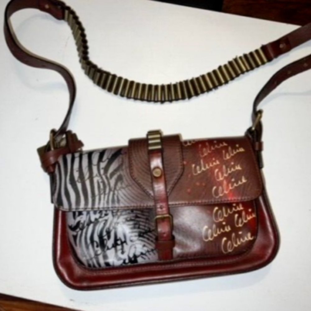 AUTHENTIC CELINE Hand Painted Shoulder Crossbody Bag RARE Animal Print deep red